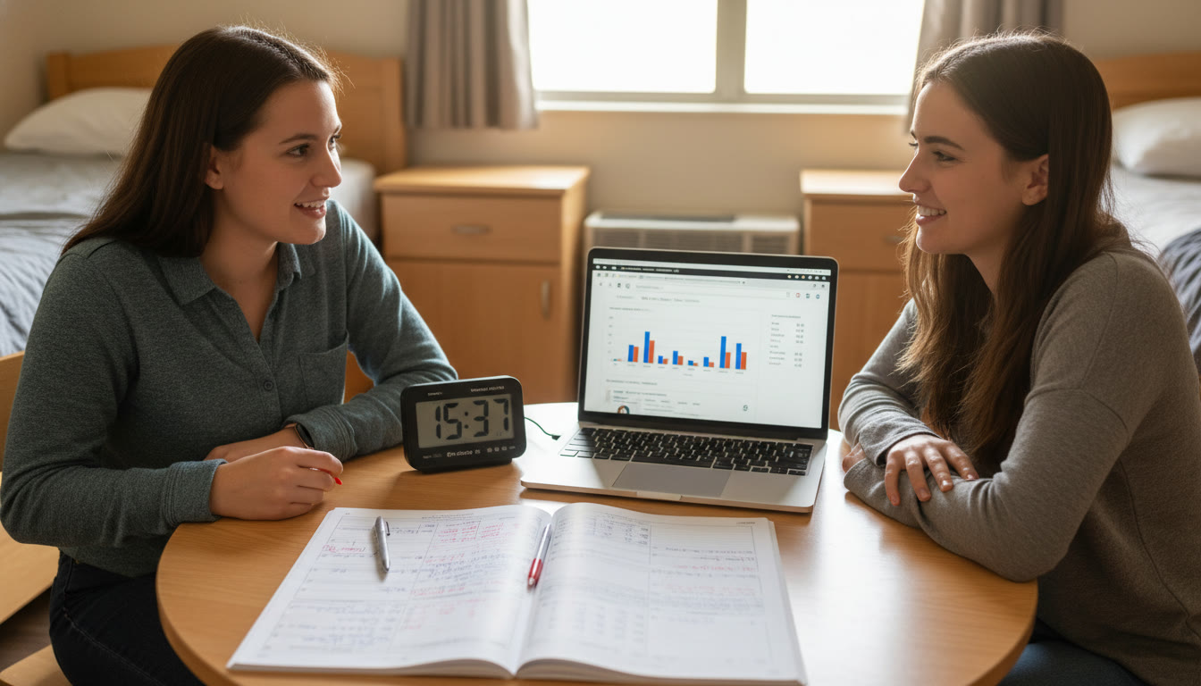 Photo Idea : A small group tutoring session with a student and a tutor reviewing a timed practice test on a table, laptop open to analytics. The image should show collaborative energy—notes, red pen, and a visible timer.