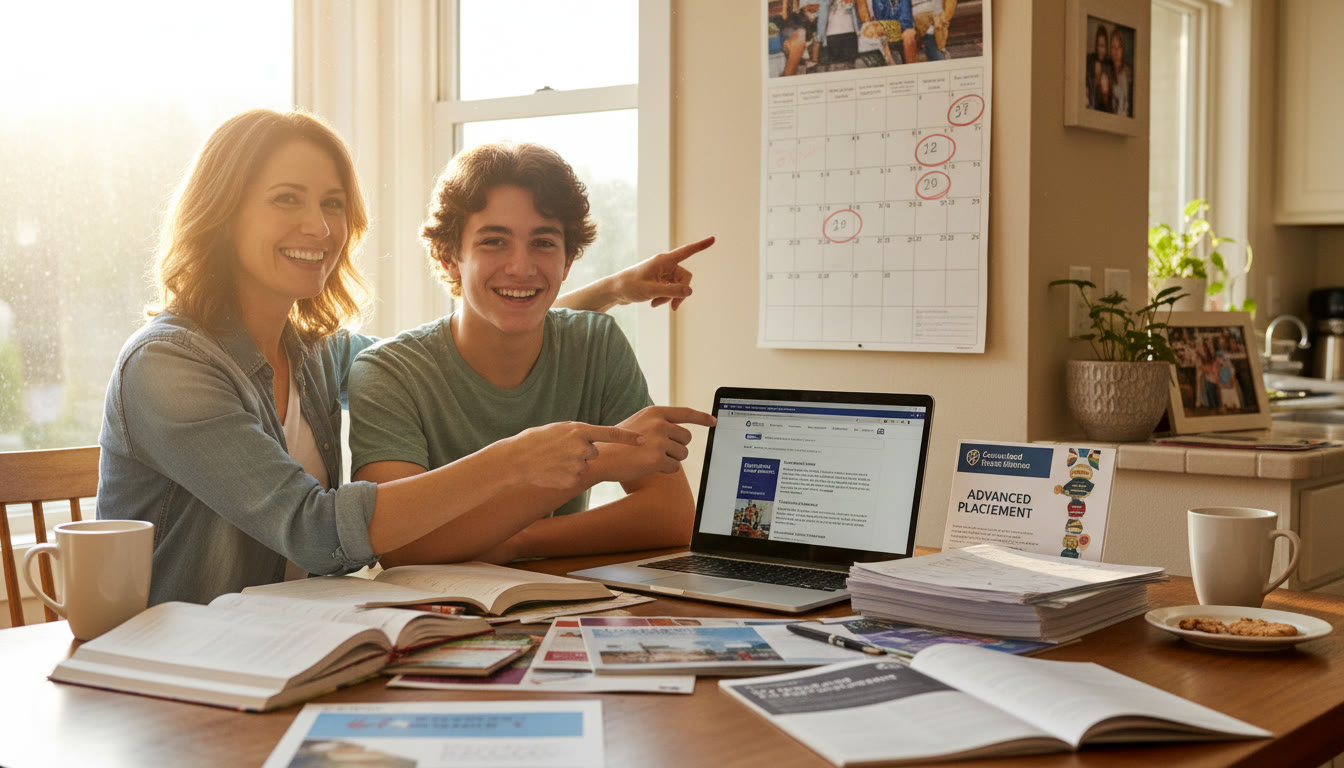 Photo Idea : A warm, candid photo of a parent and teen sitting at a kitchen table with a laptop and college brochures, pointing at a calendar — capturing the real-life planning moment of choosing courses.