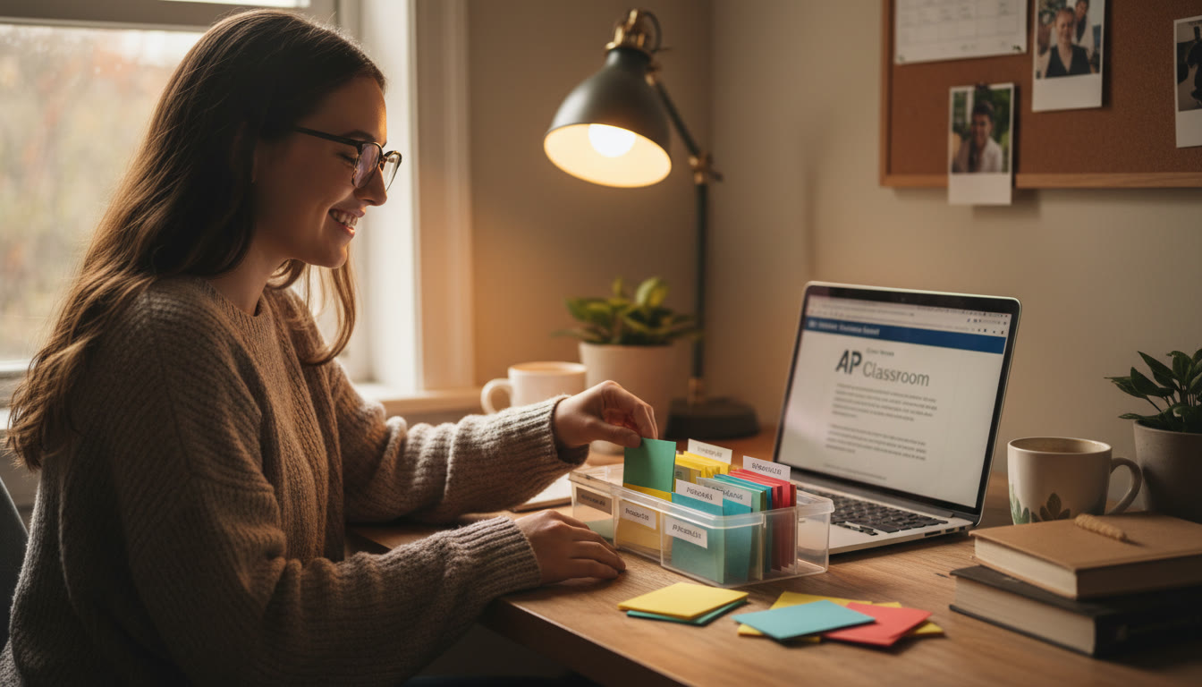 Photo Idea : A student at a cozy desk with color-coded index cards and a laptop, mid-sprint, smiling as they file a card into a neatly labeled box. The image should feel warm and organized.