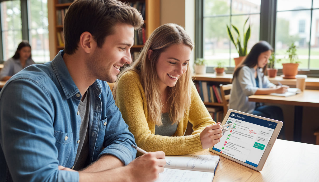 Photo Idea : A smiling tutor and student reviewing a practice test on a tablet highlighting collaborative review, targeted feedback, and the human connection behind personalized tutoring.