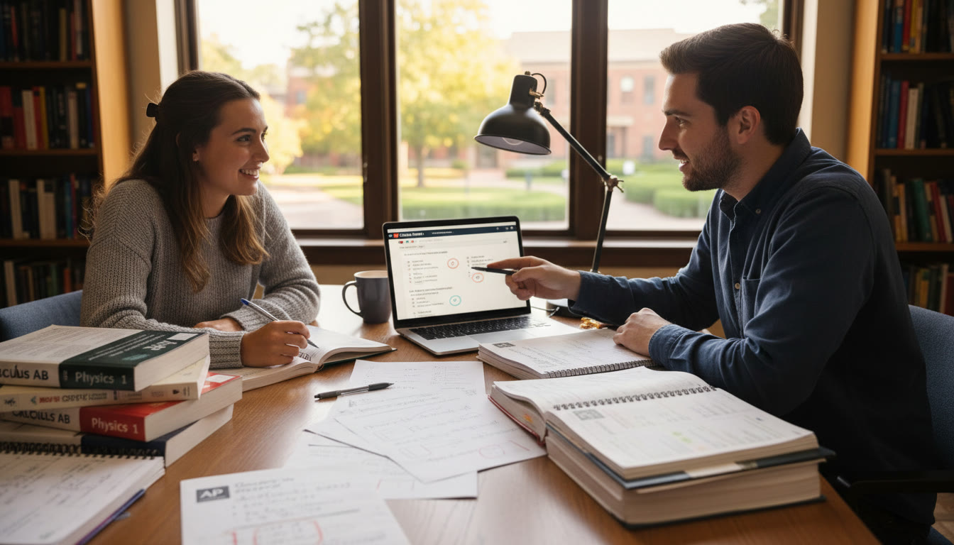 Photo Idea : A thoughtful study session with a tutor and a student, showing textbooks, annotated notes, and a laptop with practice test questions — conveying focused preparation and partnership.