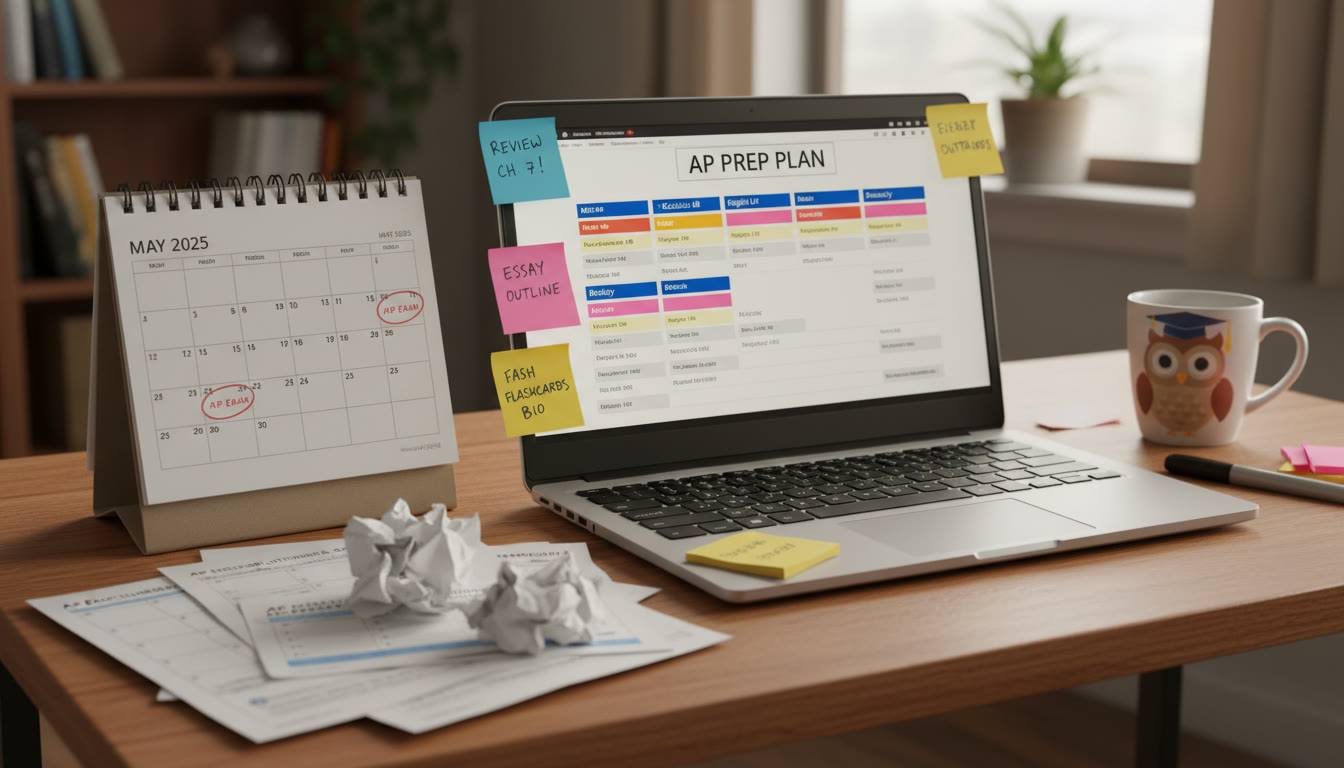 Photo Idea : A close-up of a student’s desk with a calendar, practice AP test pages, sticky notes, and a laptop showing a study schedule — visualizes planning and intentional work.
