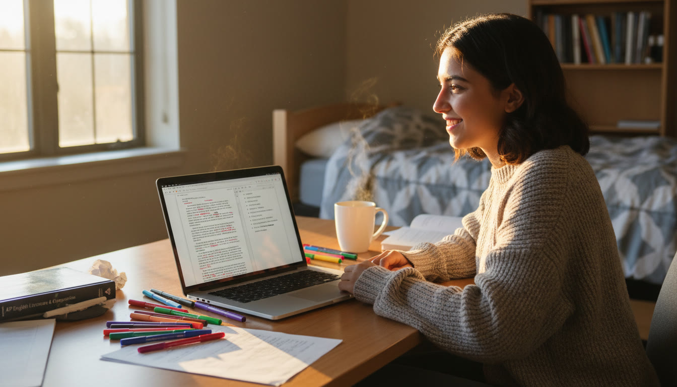 Photo Idea : A student at a desk converting a long, annotated essay into a compact set of bullet points on a laptop — warm morning light, a cup of coffee, scattered colored pens — suggesting thoughtful revision and focus.