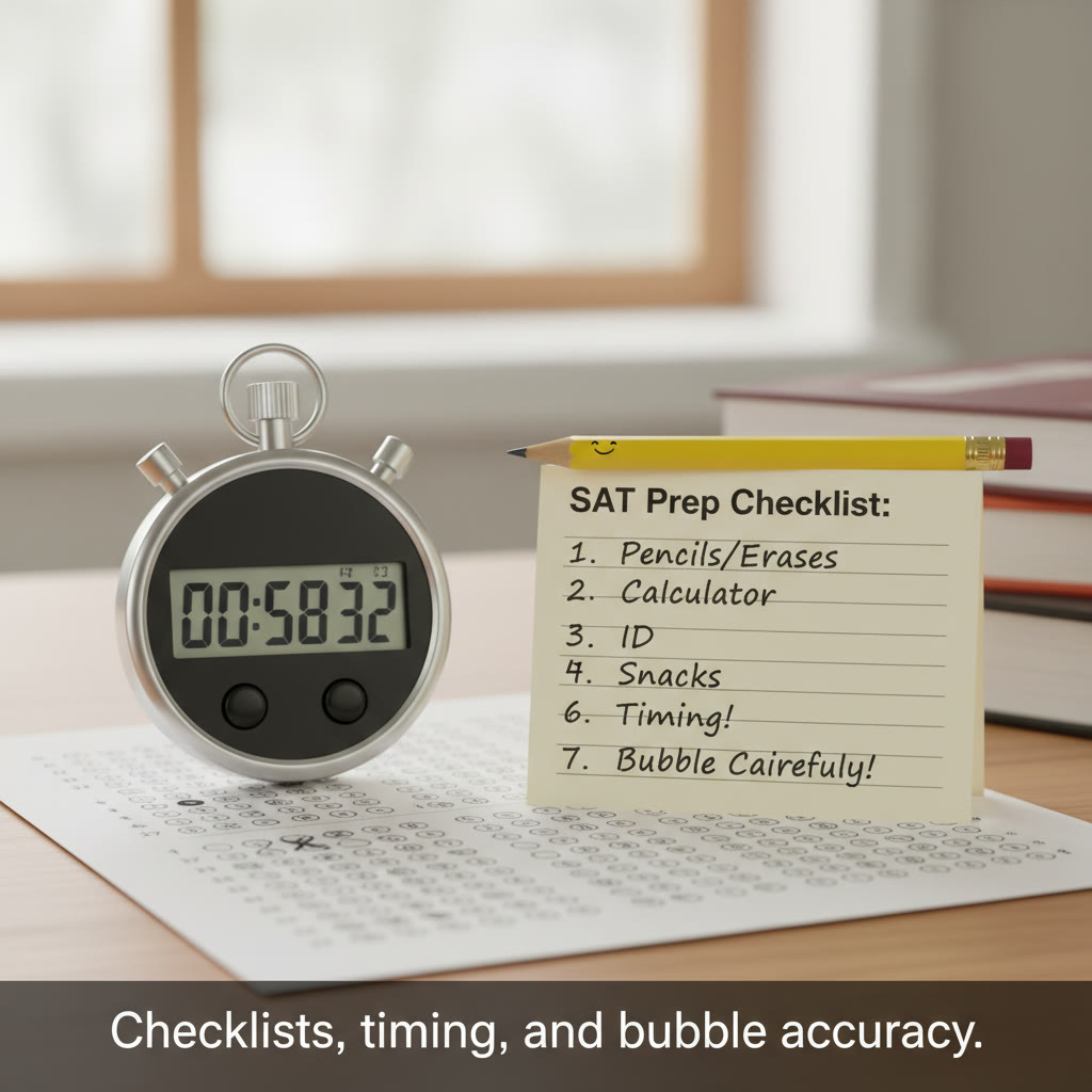 Close-up of a paper SAT answer sheet with a bubble mis-filled and then corrected, next to a stopwatch and a short checklist card — caption: