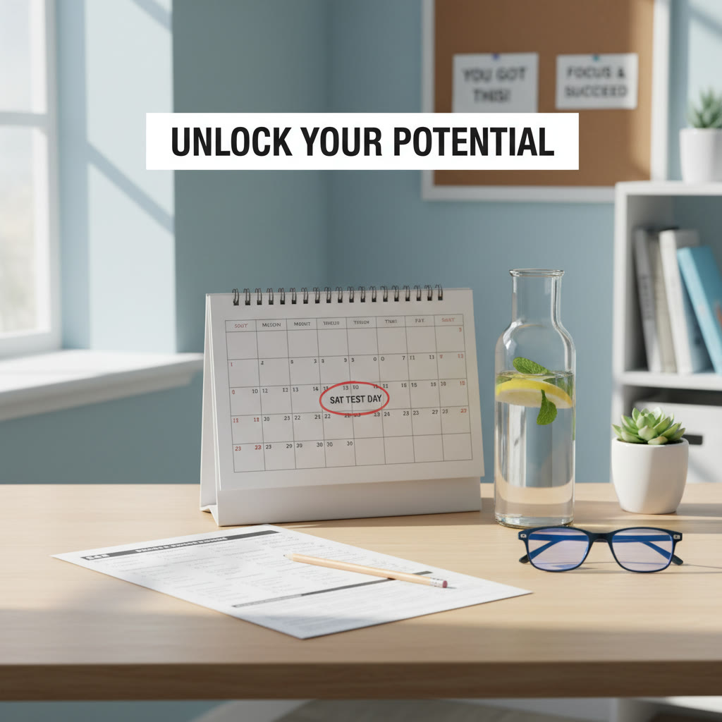 A neat study desk with a calendar, a printed SAT practice sheet, and a water bottle — bright, calm environment encouraging focus.