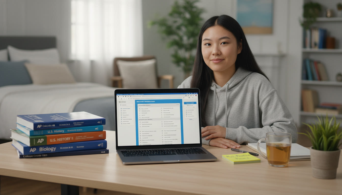 Photo Idea : A calm study scene: a high school student at a desk with AP textbooks on one side and a laptop open to a digital practice SAT interface on the other, with a sticky note that reads  Plan, Practice, Pause. 