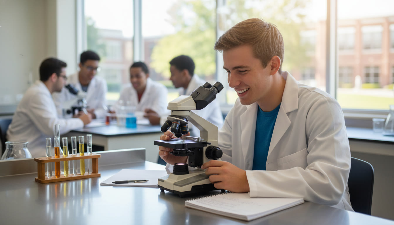 Photo Idea : A calming, candid image of a student in a lab coat at a college campus or high school lab, looking engaged with a microscope or notebook—representing the bridge between high school AP work and college science.