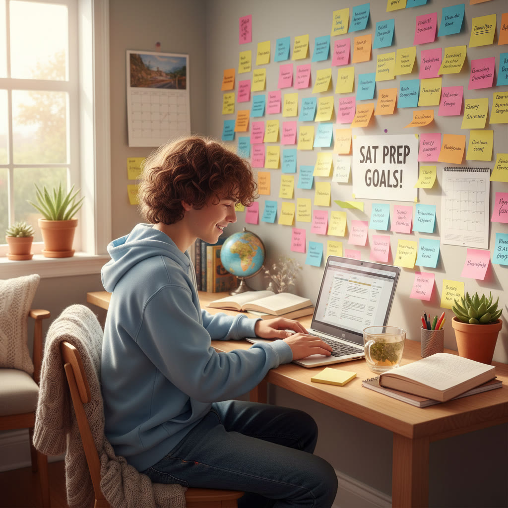 Photo Idea : A calm study nook with a student using a laptop and colorful sticky notes, representing focused SAT prep.