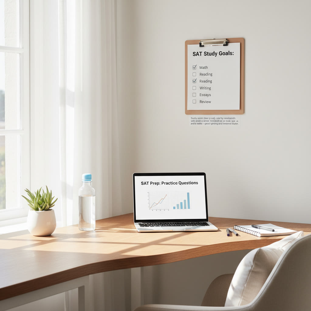 Study corner idea: a tidy desk by a window with a small plant, a simple checklist on the wall, and a water bottle—good lighting and minimal clutter.