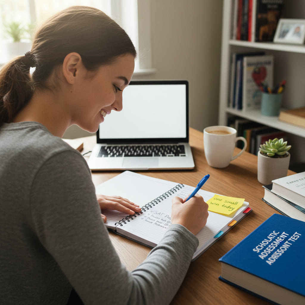 Over-the-shoulder shot of a student writing in a study journal with a sticky note reading 'one small win today'; the image suggests private tracking and mindful progress