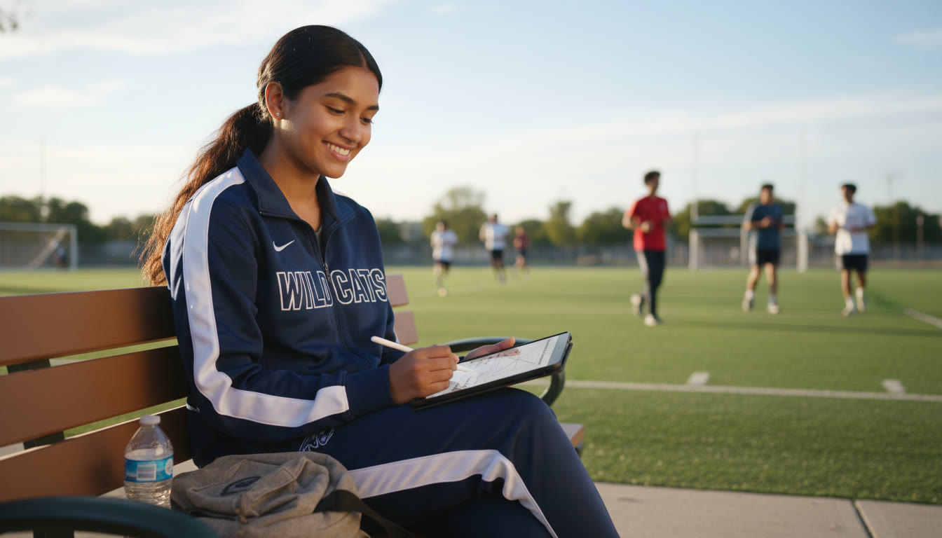 Photo Idea : A quiet scene of a student-athlete in team warm-ups sitting on a bench near a field doing practice AP multiple-choice questions on a tablet — emphasizes focus, balance, and modern study tools.