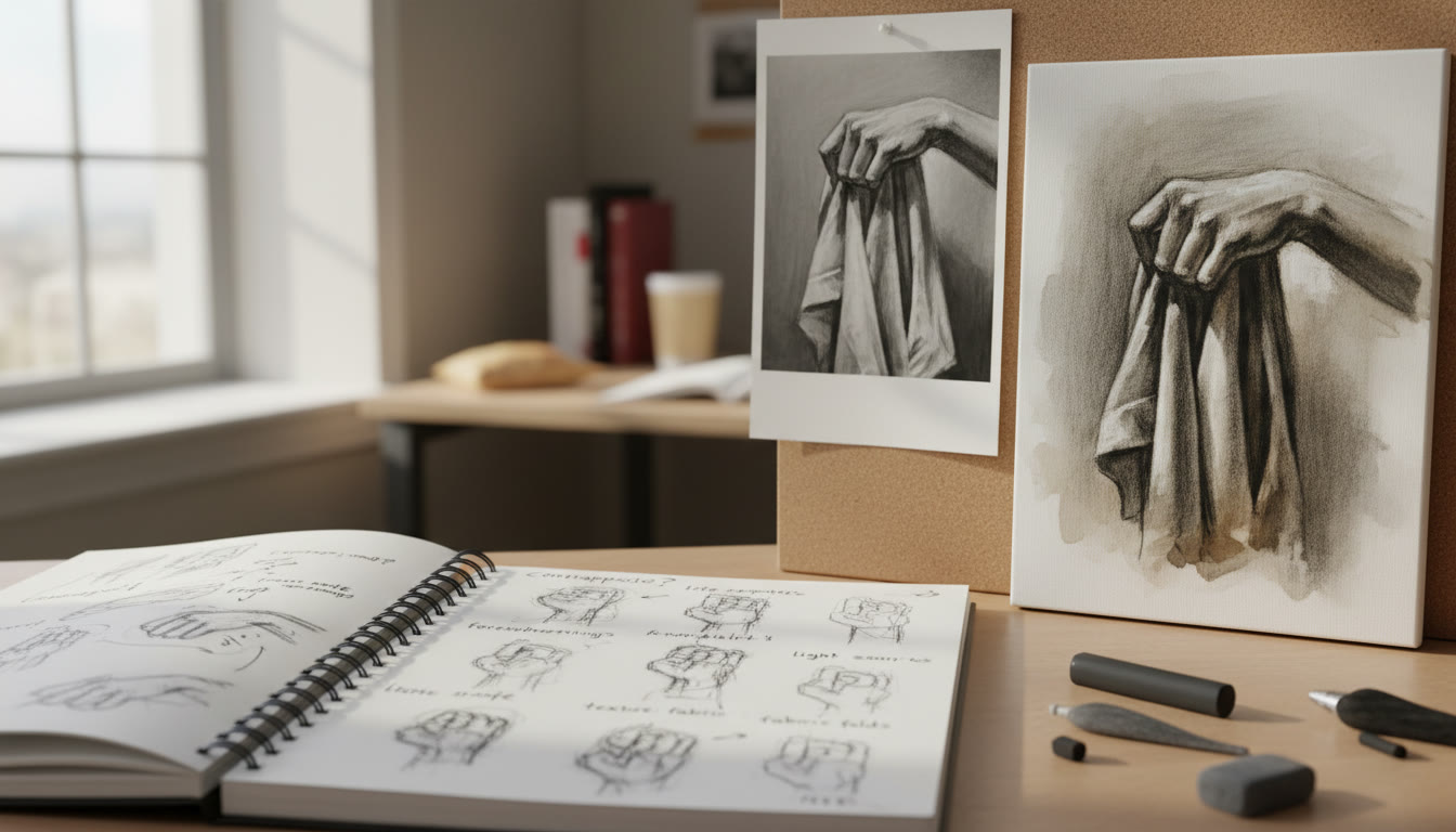 Photo Idea : A student’s sketchbook open to a page showing thumbnails and notes, placed beside a photographed study and the corresponding final piece. Natural light, neutral background, conveys process and hands-on work.