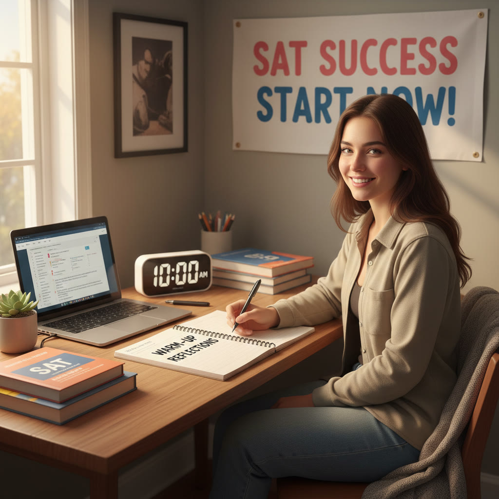Student at a desk practicing with a calm warm-up routine: a short description of a quiet study space, an alarm clock for timed practice, and a notebook for reflections