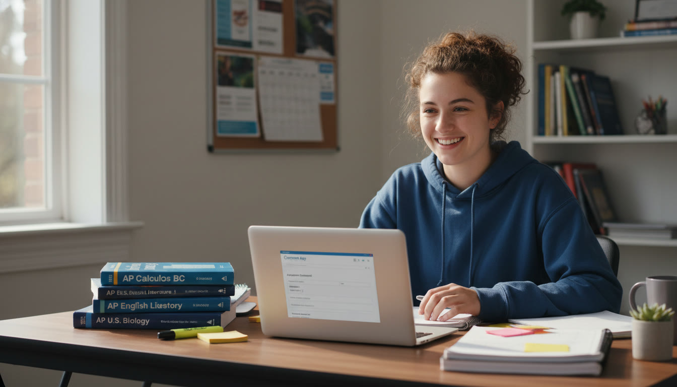 Photo Idea : A high school student at a desk surrounded by neatly organized AP textbooks and notes, a laptop open to the Common App page — natural light, candid focus, conveying organized preparation.