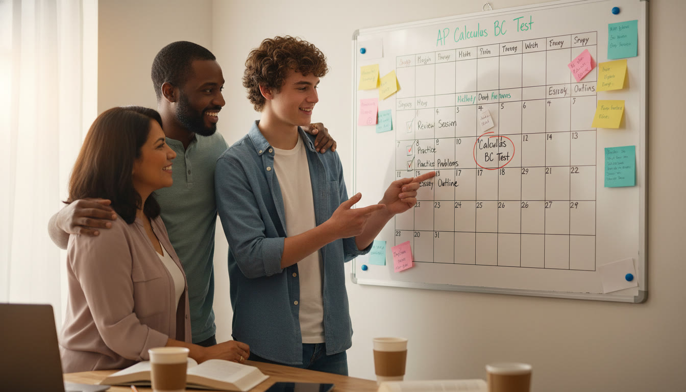 Photo Idea : A family reviewing a study calendar together, pointing at a test date and checklist   suggests collaboration, planning, and supportive decision-making.