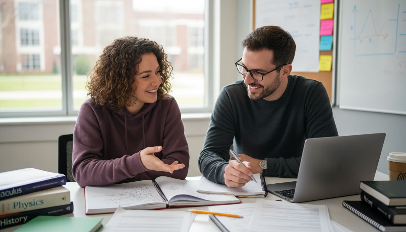 Photo Idea : A student sitting at a desk surrounded by notebooks and a laptop, mid-discussion with a tutor — suggests personalized guidance and active feedback.