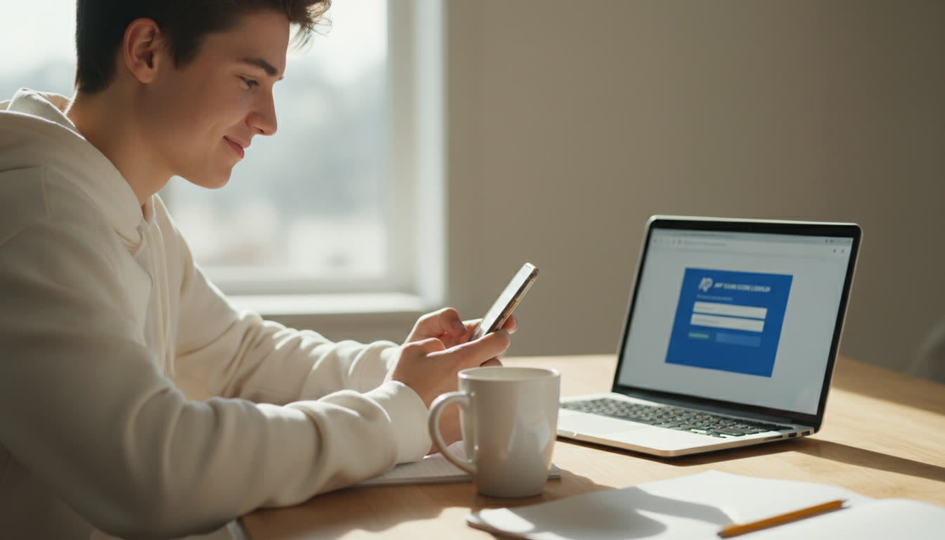 Photo Idea : A calm, bright scene of a student checking their phone at a kitchen table, a mug of coffee nearby, with a laptop displaying a College Board login screen blurred in the background — conveys the waiting-and-watching stage after the exam.