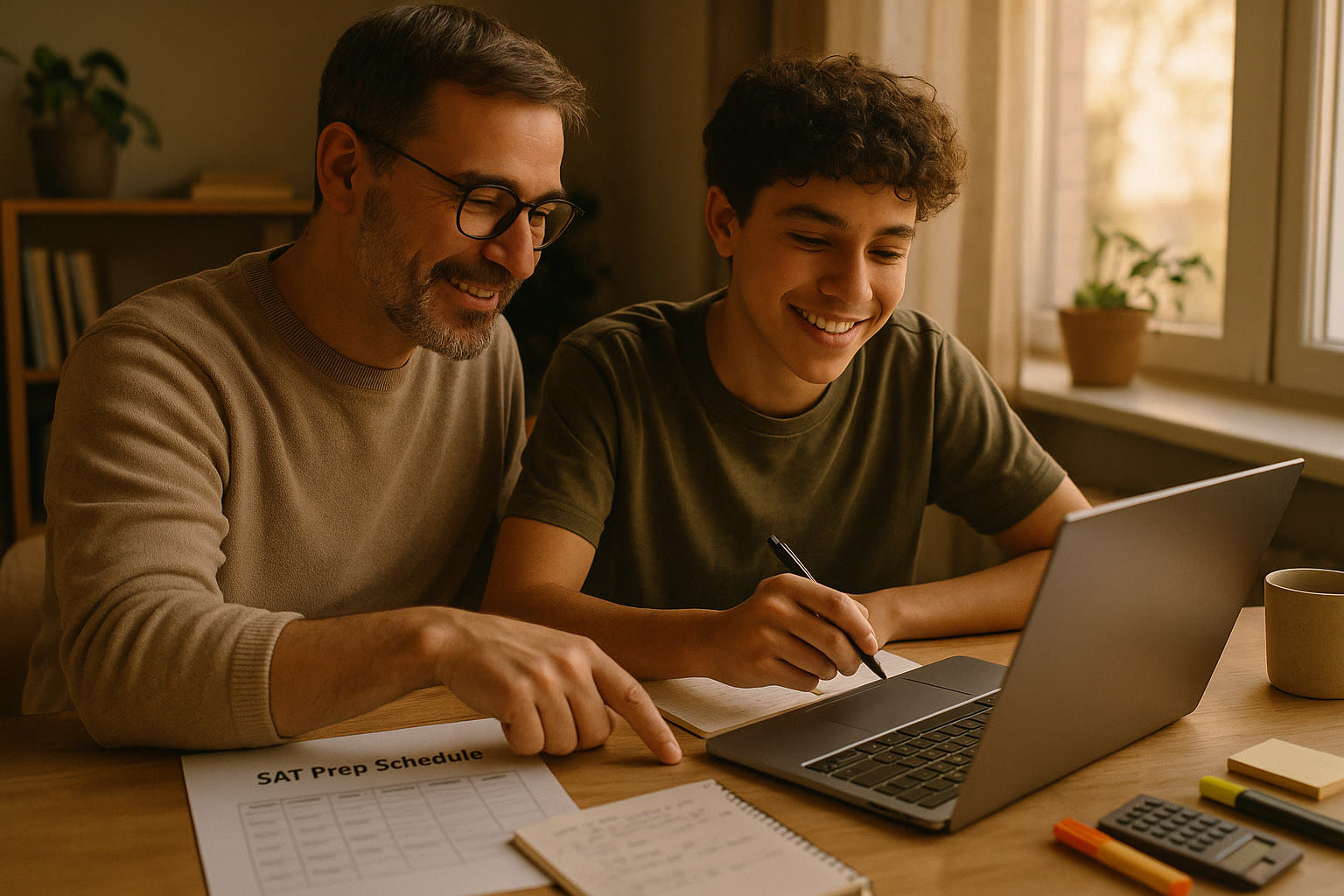 Photo Idea : A warm, candid photo of a parent and teen looking over a laptop together with a printed study schedule and a notebook nearby, suggesting collaborative planning for SAT prep.