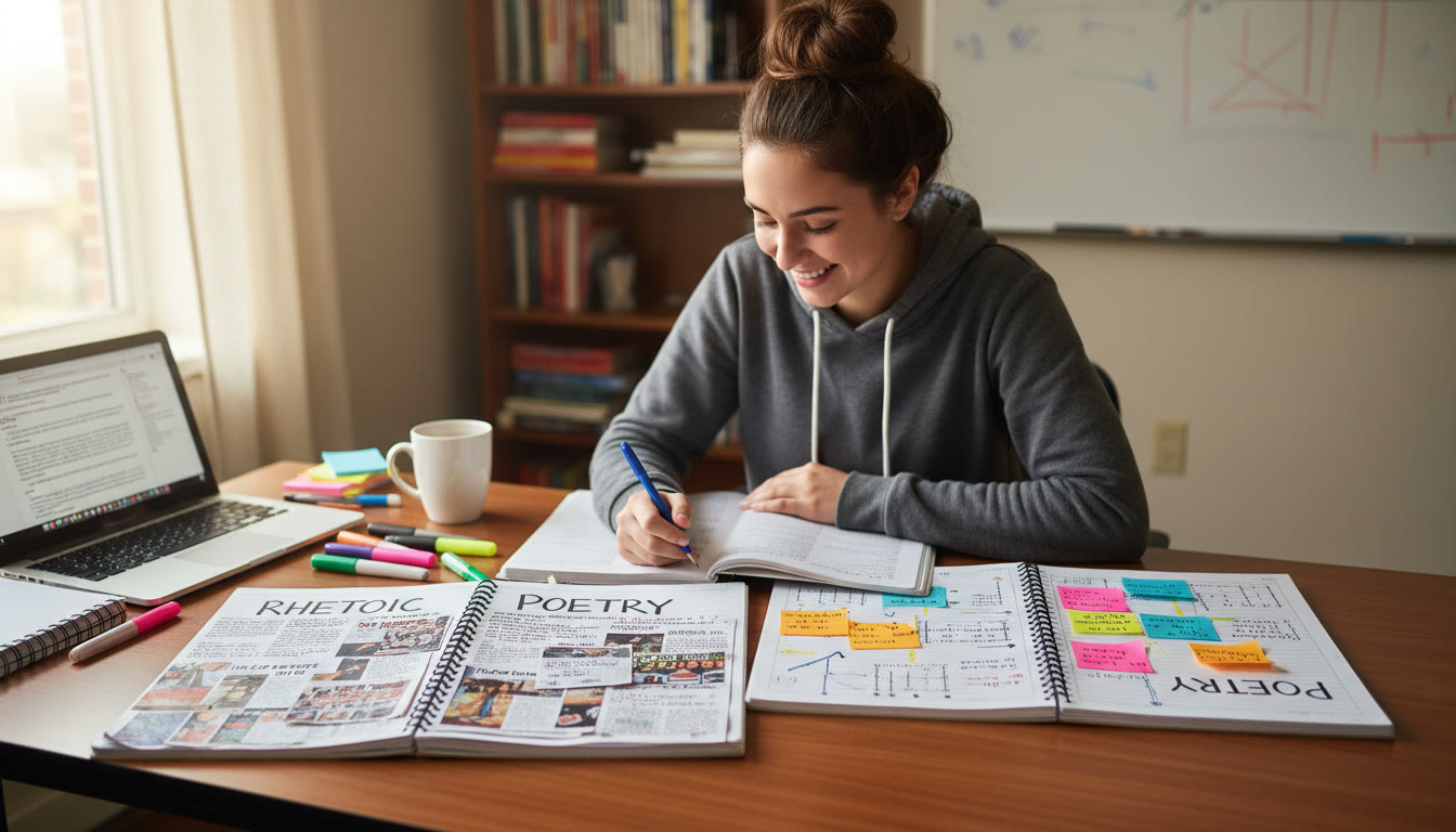 Photo Idea : A student at a desk with two open notebooks — one labeled