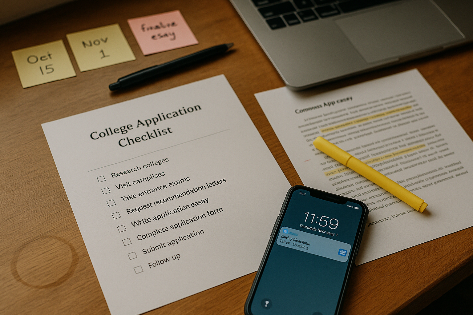 Photo Idea : A staged desktop with a printed college application checklist, a highlighted Common App essay draft, sticky notes with deadlines, and a smartphone showing a calendar reminder.