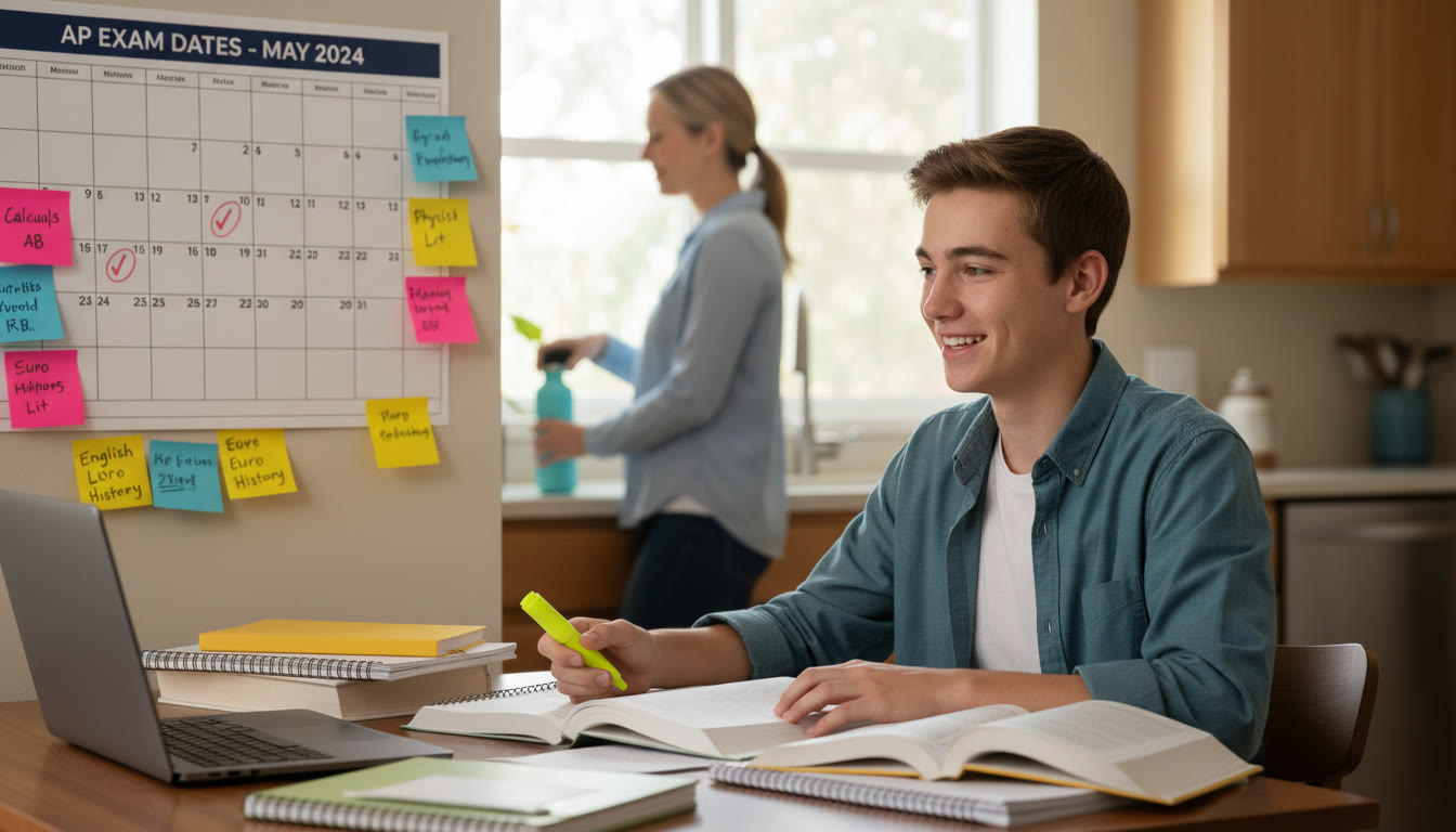 Photo Idea : A bright, hopeful image of a teen studying at a desk with a calendar and sticky notes, while a parent quietly refills a water bottle in the background—suggesting supportive presence without intrusion.