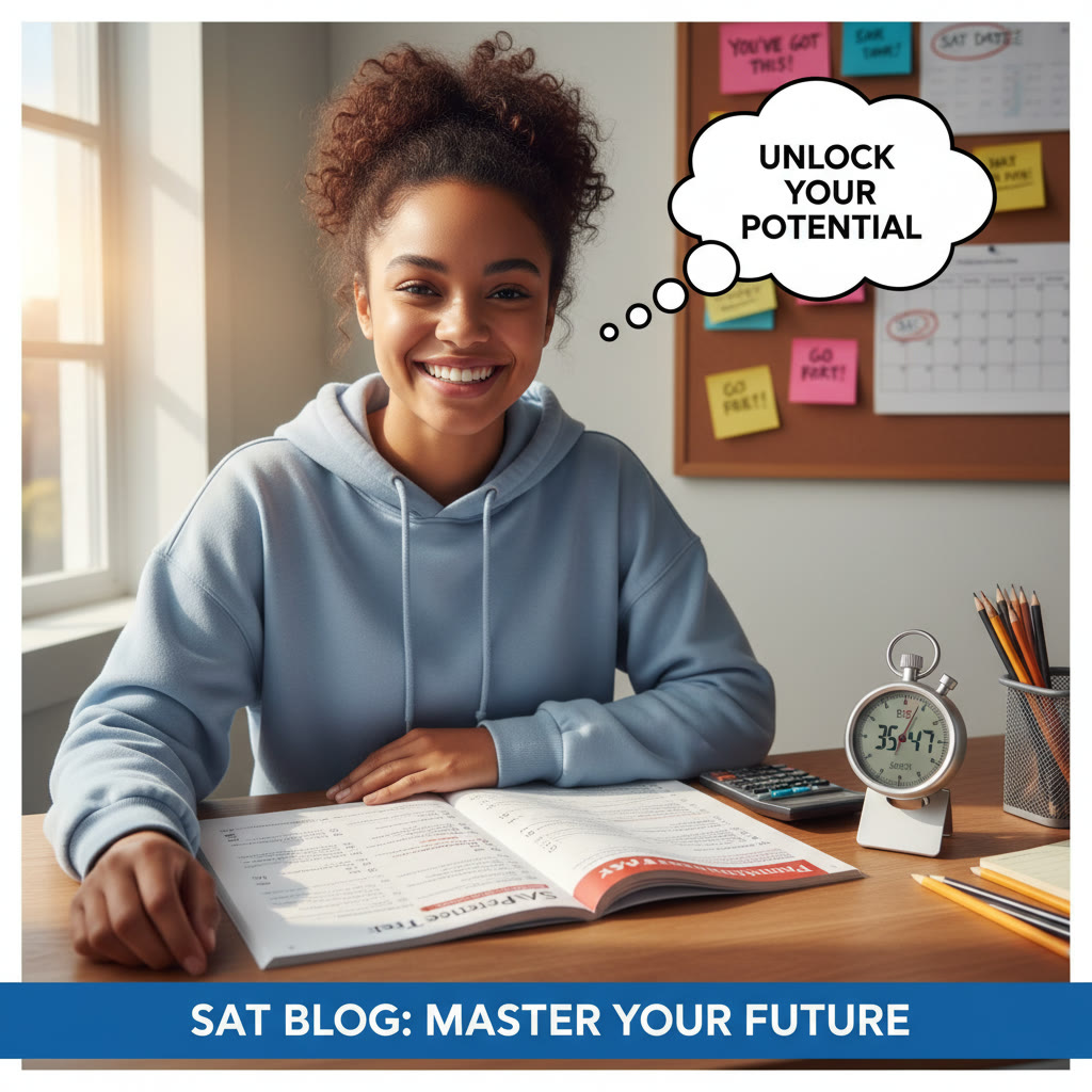 Student at a desk taking a timed practice test, with a stopwatch and practice booklet visible—suggested for header image