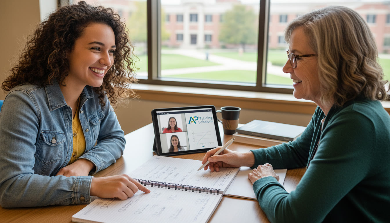 Photo Idea : A bright image of a student meeting one-on-one with a tutor (or virtual tutoring session on screen) with a notebook showing AP practice problems, conveying focused personalized help.