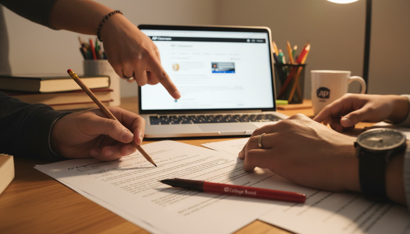 Photo Idea : A close-up of a student’s hand annotating an AP essay draft with a teacher’s red pen nearby; the composition suggests collaboration and revision, and a laptop with AP Classroom open in the background.
