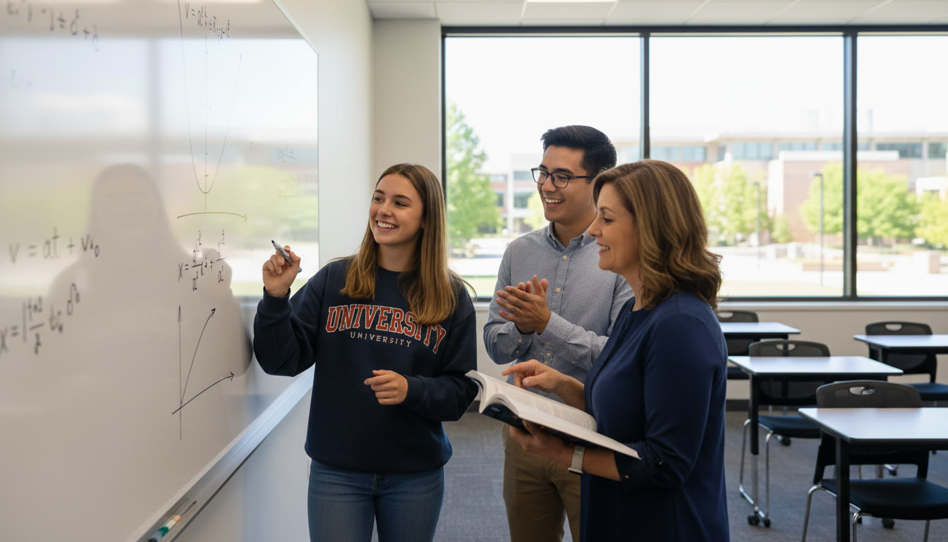 Photo Idea : A classroom scene with a student solving motion problems on a whiteboard while a parent and tutor look on. The image should feel collaborative and forward-looking.