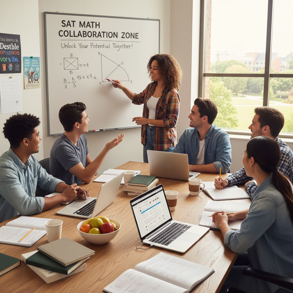 Students gathered around a table, laptops and books open, working through an SAT math problem together; description emphasizes collaboration and whiteboard explanations.