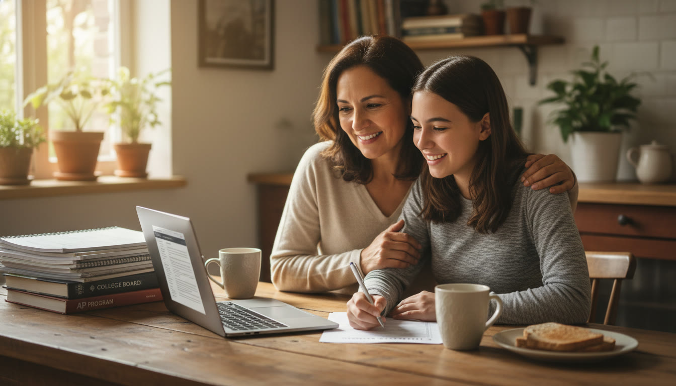 Photo Idea : A warm, natural photo of a parent and teen sitting at a kitchen table with a laptop and a stack of school papers, smiling while reviewing a checklist together — conveys partnership and calm planning.