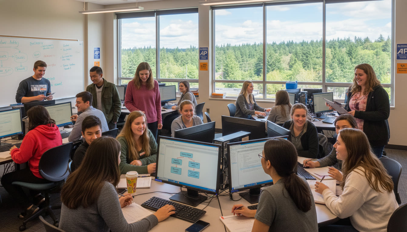 Photo Idea : A community-shot of an Oregon high school computer lab or business classroom where students collaborate on a project—conveys teamwork, real-world application, and the bridge between classwork and future study.