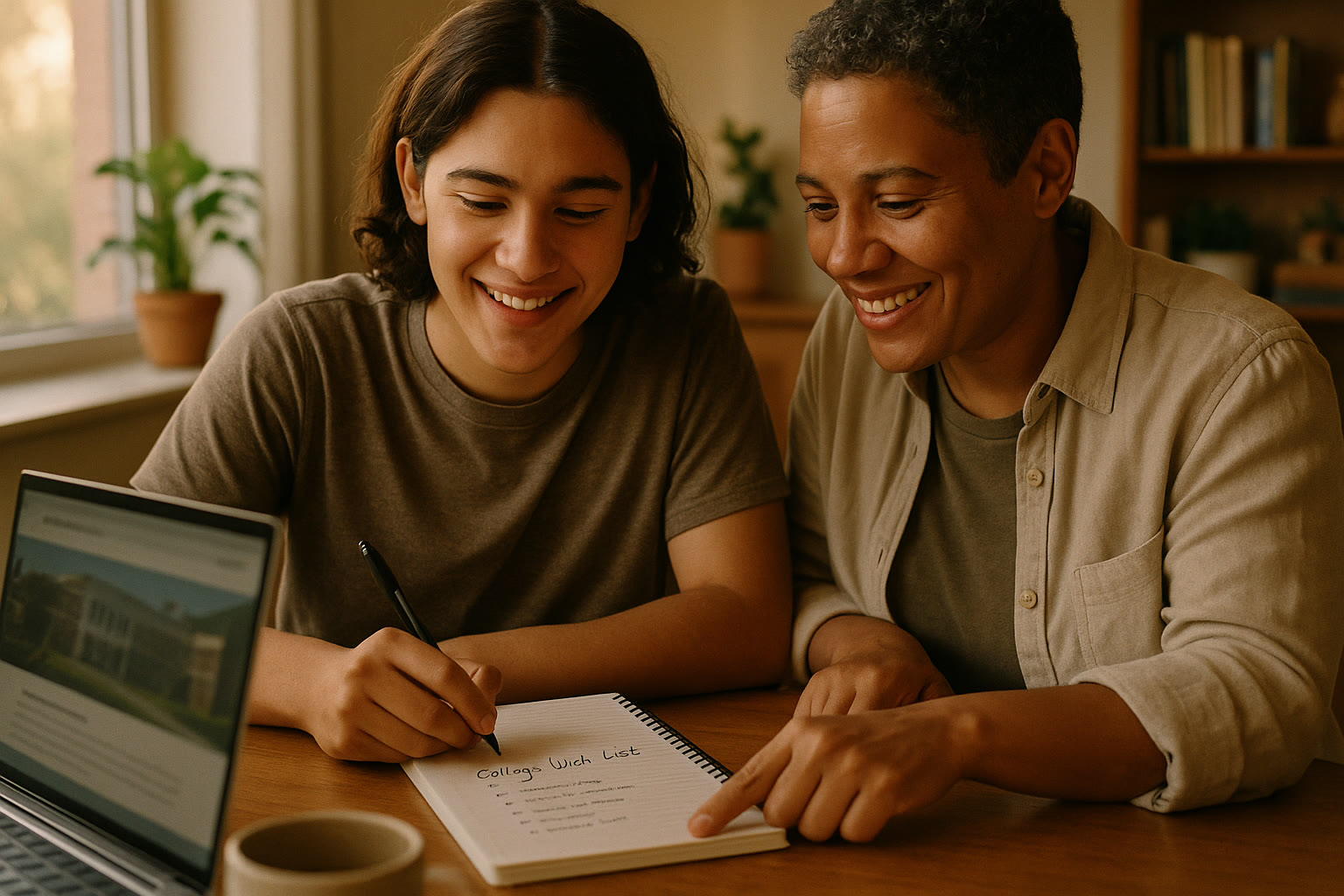Photo Idea : A teen and parent leaning over a laptop, smiling and writing a college wish list on a notepad—natural light, warm tones.
