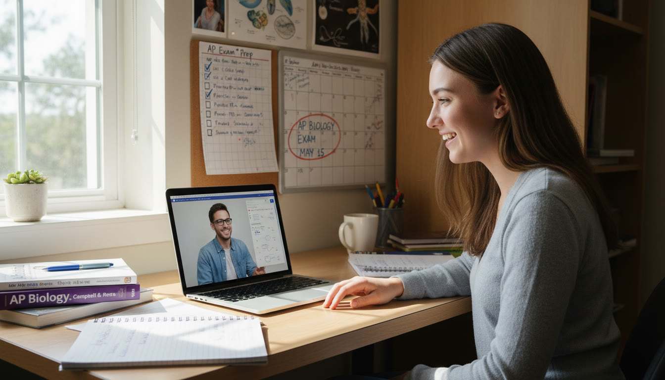 Photo Idea : A student meeting virtually with a tutor on a laptop, notes and a study checklist visible — conveys personalized tutoring and focused cool-down review.