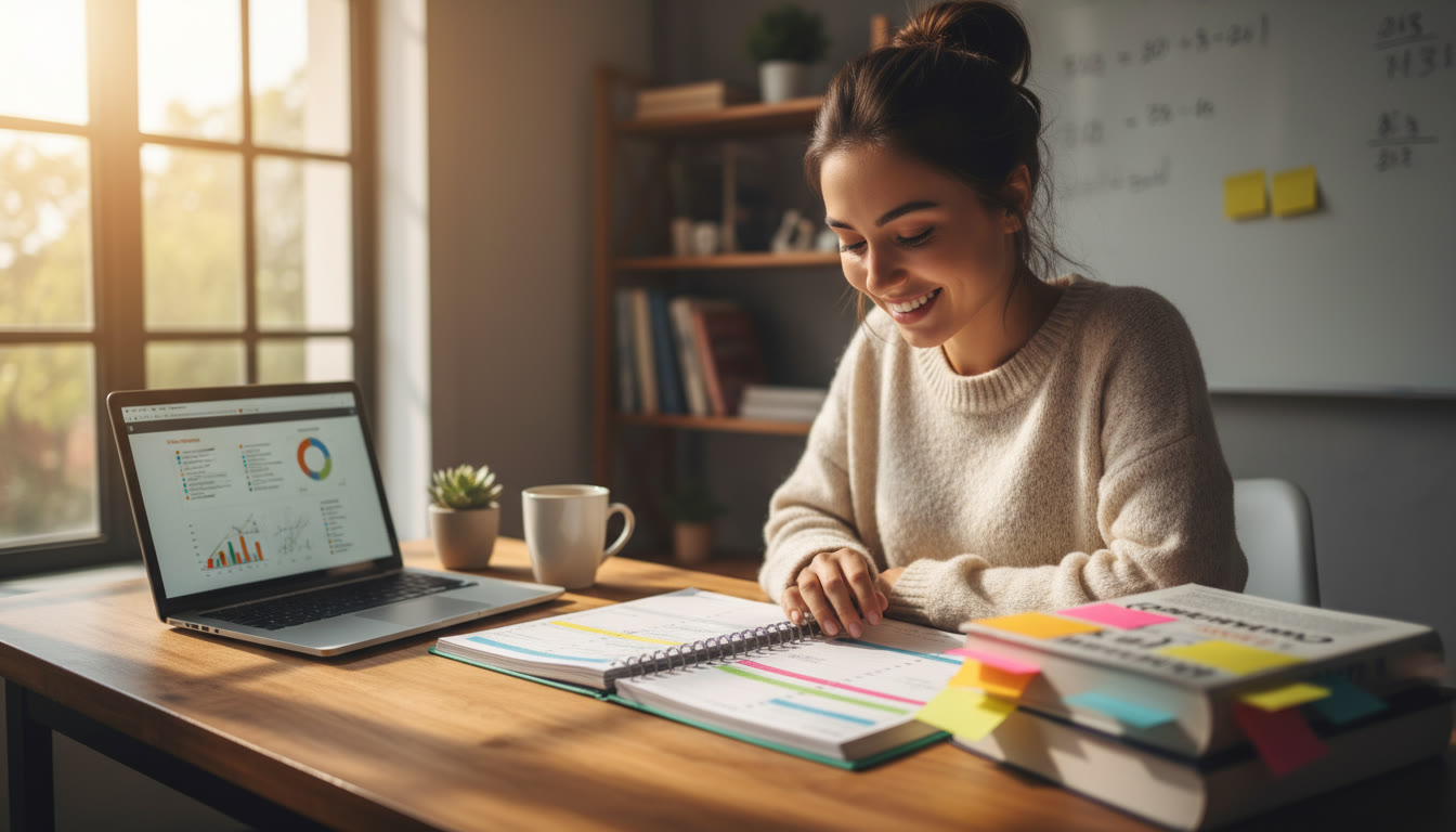 Photo Idea : A student at a desk bathed in natural morning light, planner open, laptop to one side and a textbook with sticky notes—captures a bright, focused morning peak.