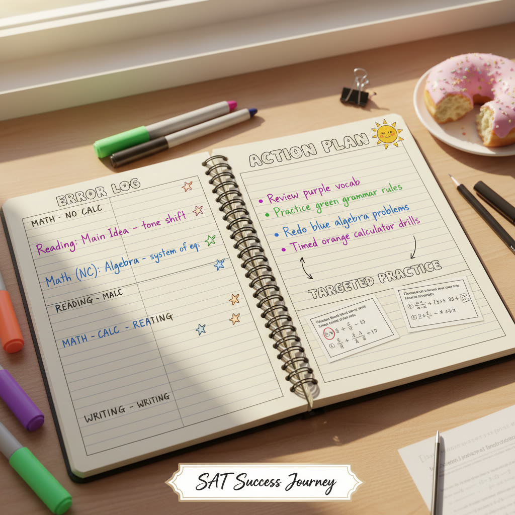 A tidy post-test notebook showing an error log and action plan with color-coded entries and targeted practice items.