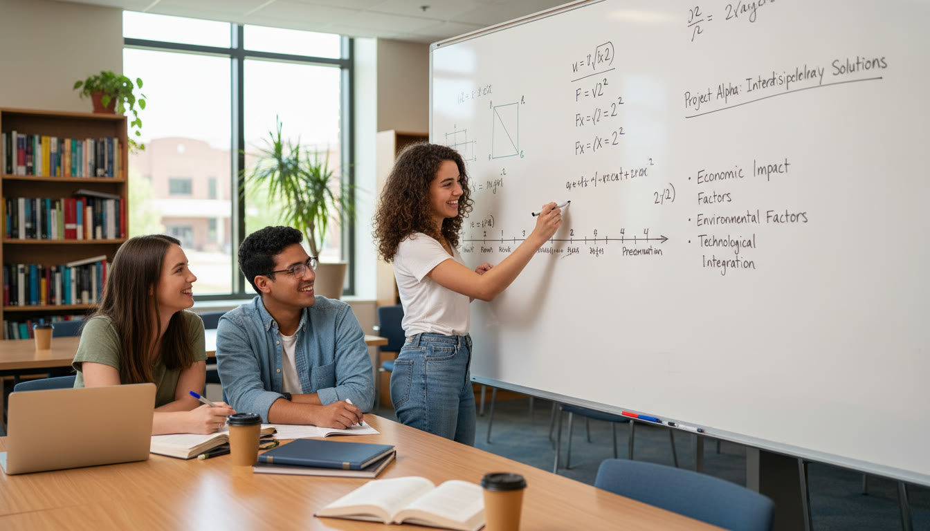 Photo Idea : A group of three students collaborating over a whiteboard with diagrams for a multidisciplinary project—math formulas, timeline sketches, and bullet-pointed arguments—showing collaboration and transfer of skills.