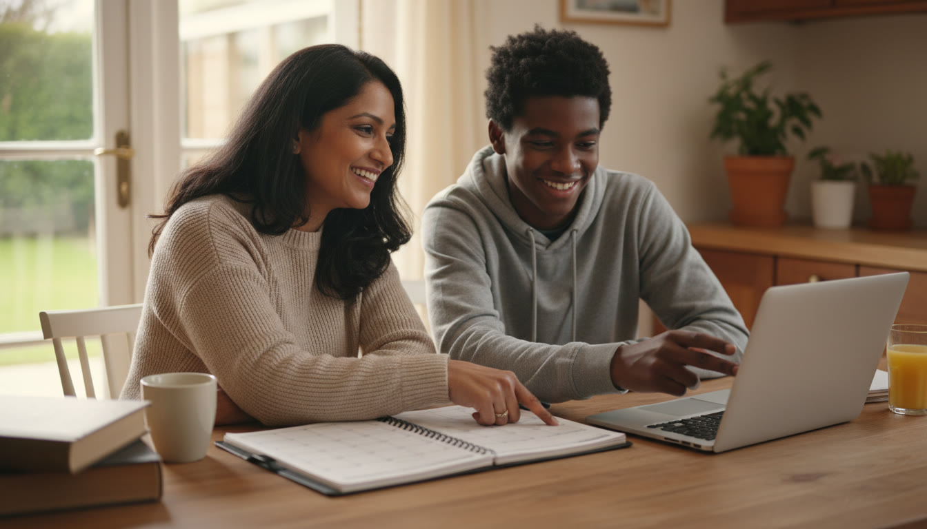Photo Idea : A warm kitchen table scene with a parent and teenager sitting side-by-side, open planner and laptop between them, smiling as they point to a calendar. Natural light, relaxed posture to convey partnership rather than interrogation.