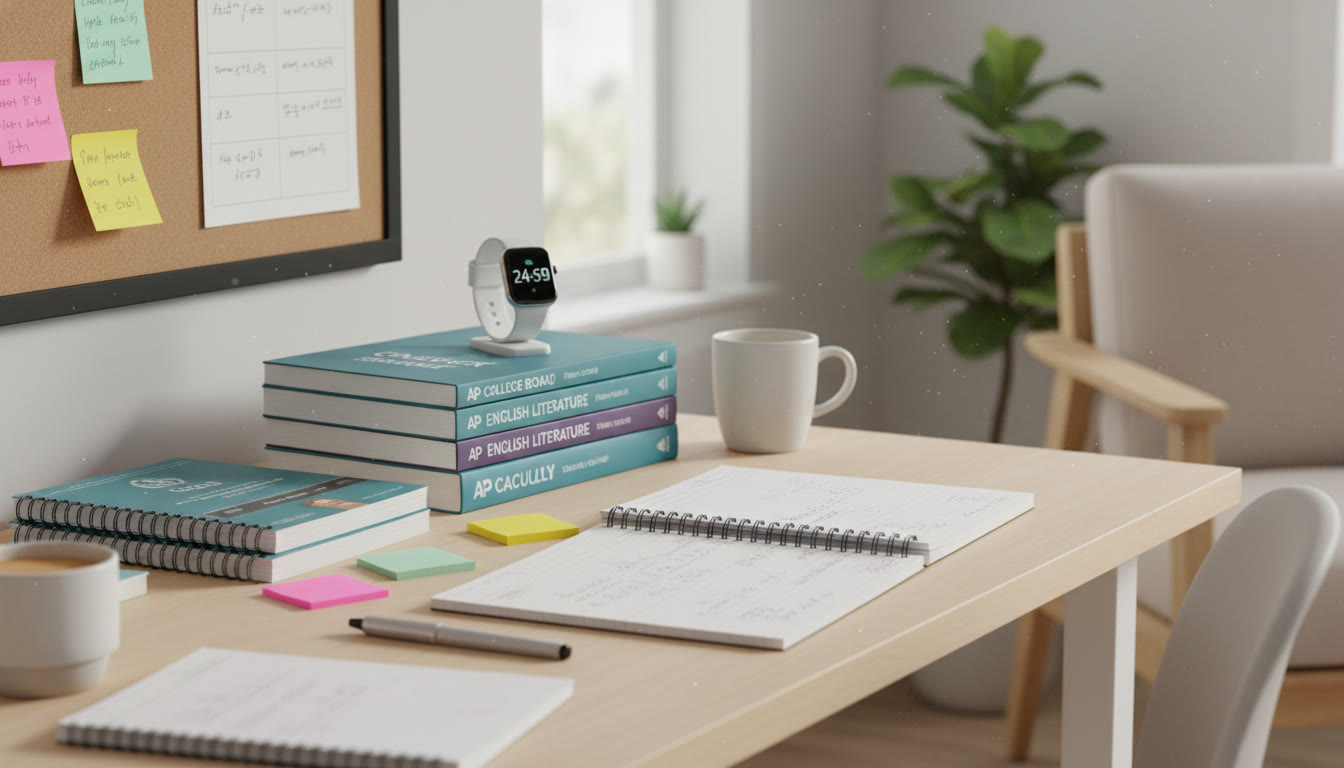 Photo Idea : A tidy study corner with AP textbooks, practice tests, sticky notes, and a smartwatch indicating a 25-minute timer—clean, focused aesthetic showing routine and intention.