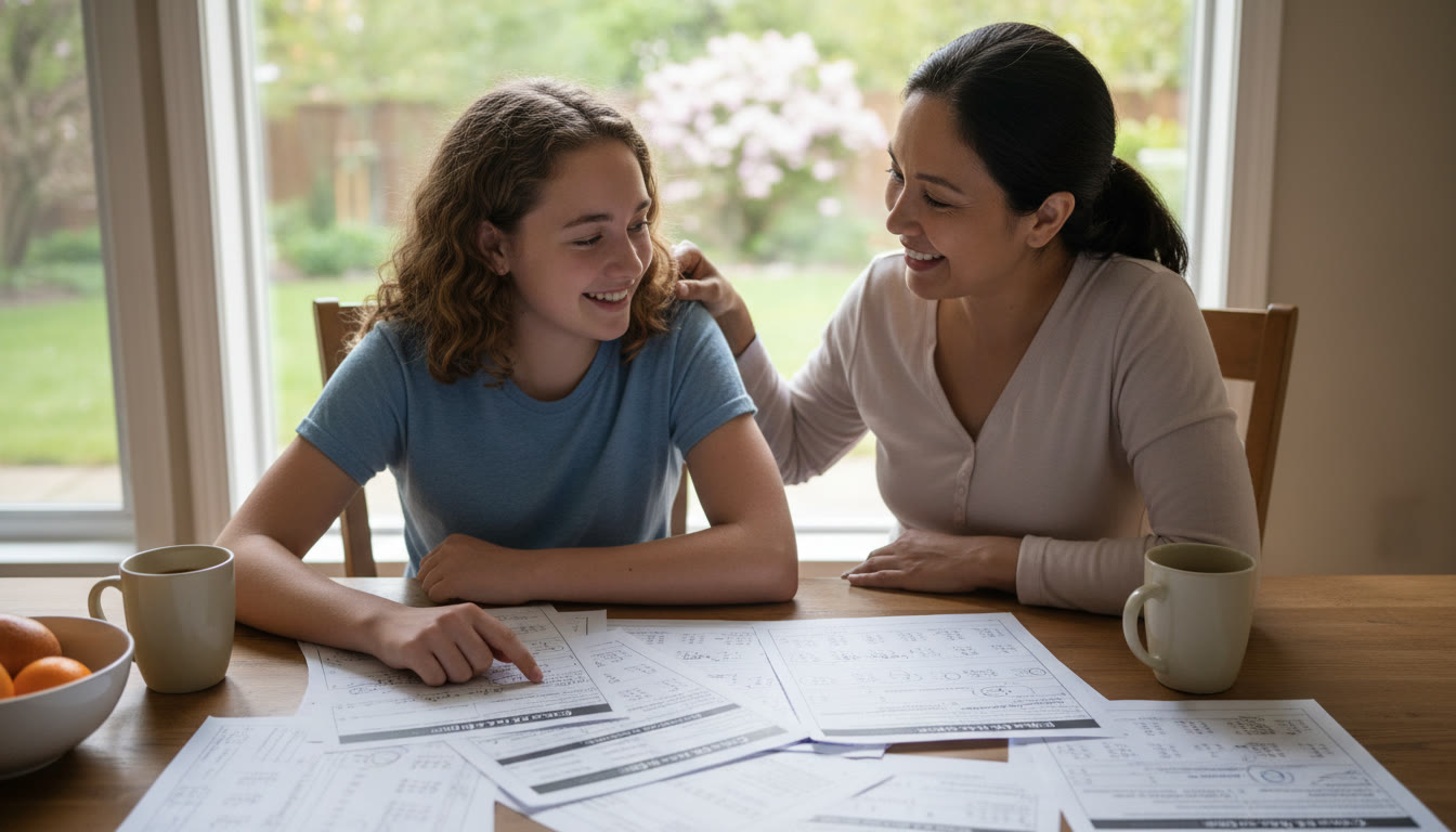 Photo Idea : A warm, natural photo of a parent and teen sitting at a kitchen table with practice test papers spread out, both leaning in and talking calmly—conveys partnership and problem-solving.