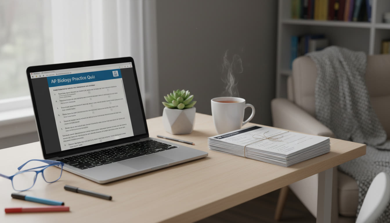 Photo Idea : A calm study corner with a laptop open to a practice quiz on one side and a neat stack of paper practice tests on the other, a mug of tea, and a small succulent to suggest balance.