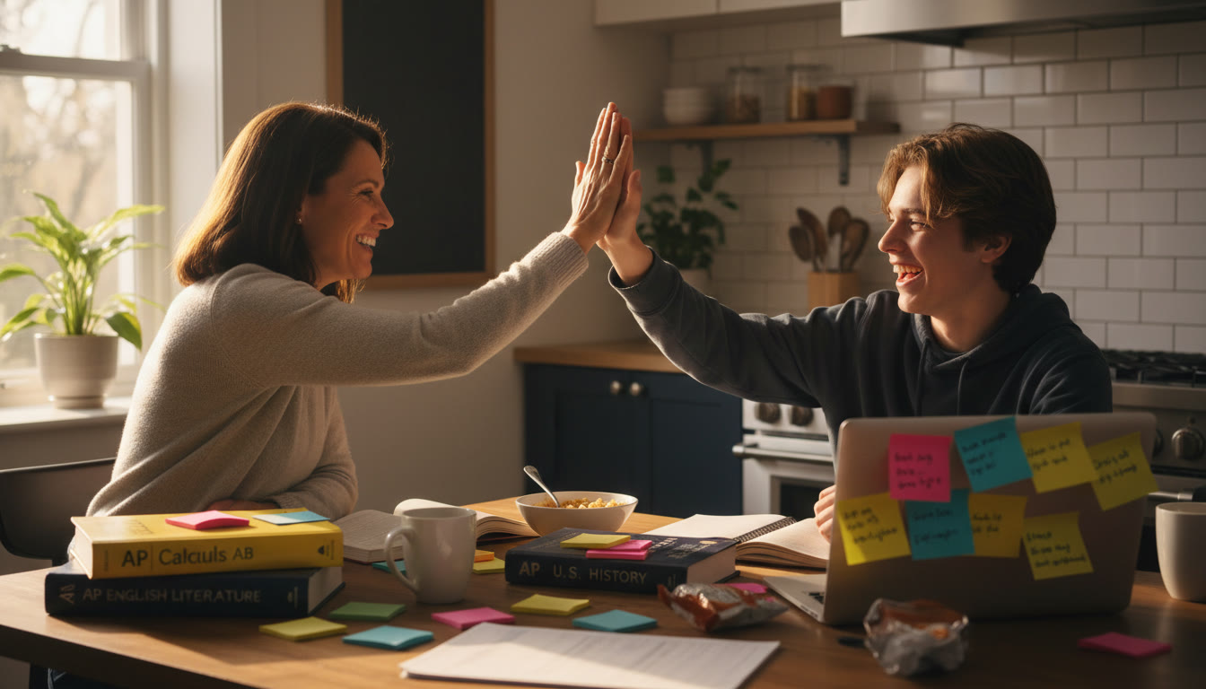 Photo Idea : A candid shot of a parent and teen high-fiving at a kitchen table strewn with AP prep books and colorful sticky notes — warm lighting, authentic smiles.