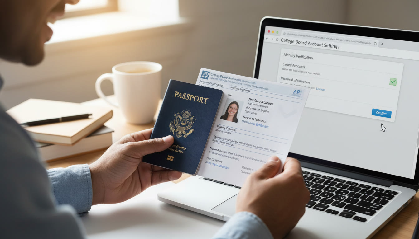 Photo Idea : Close-up of hands holding a passport and a College Board AP ID sheet next to a laptop showing an account settings page; indicates verification and administrative action.