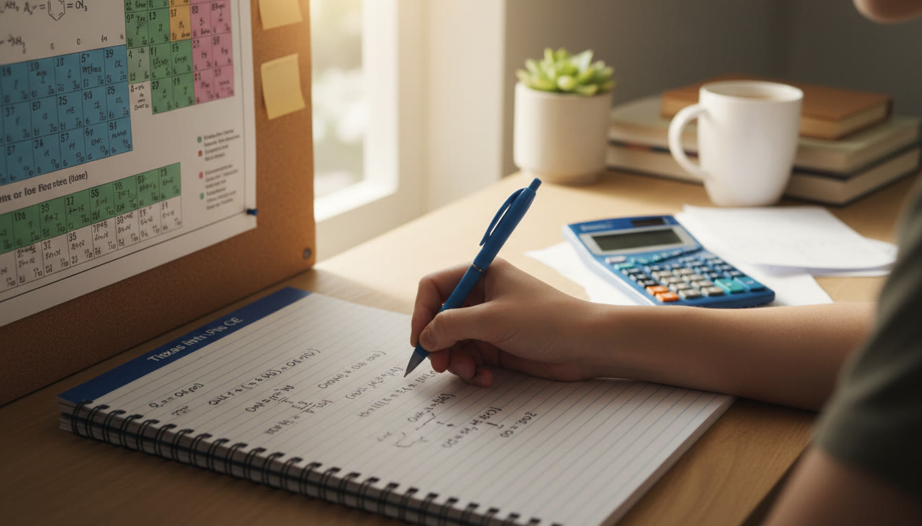 Photo Idea : A student’s hand writing chemical equations in a notebook with a periodic table and a calculator nearby; soft natural light to create a calm, focused study mood.
