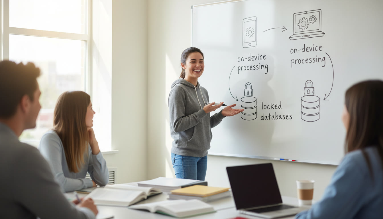 Photo Idea : Mid-article photo showing a whiteboard with a student sketching a privacy-first architecture: on-device processing icons, locked databases, and arrows demonstrating data flow—emphasizes practical design thinking.