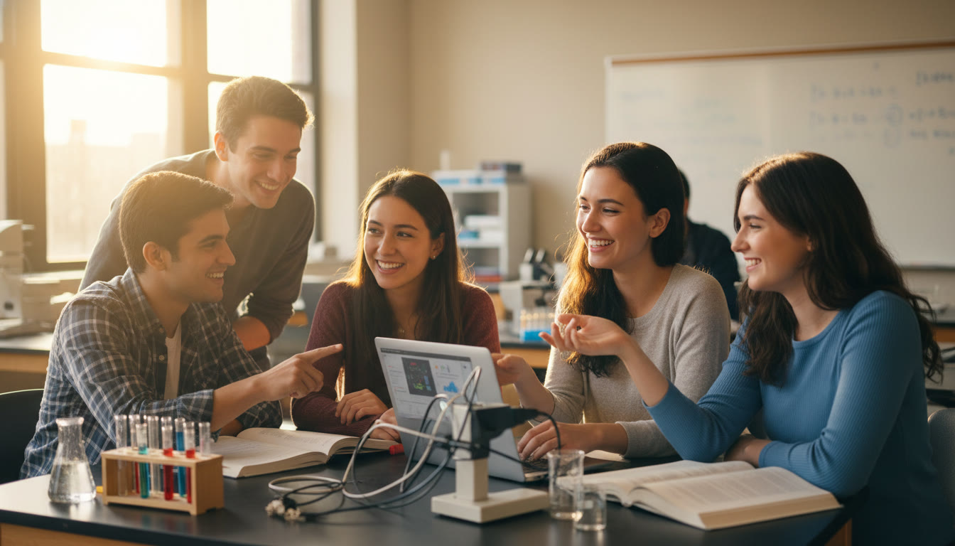 Photo Idea : A high-energy photo of an Illinois Tech classroom or lab with a small group of students collaborating around a laptop and lab equipment; warm natural light to evoke focus and optimism.