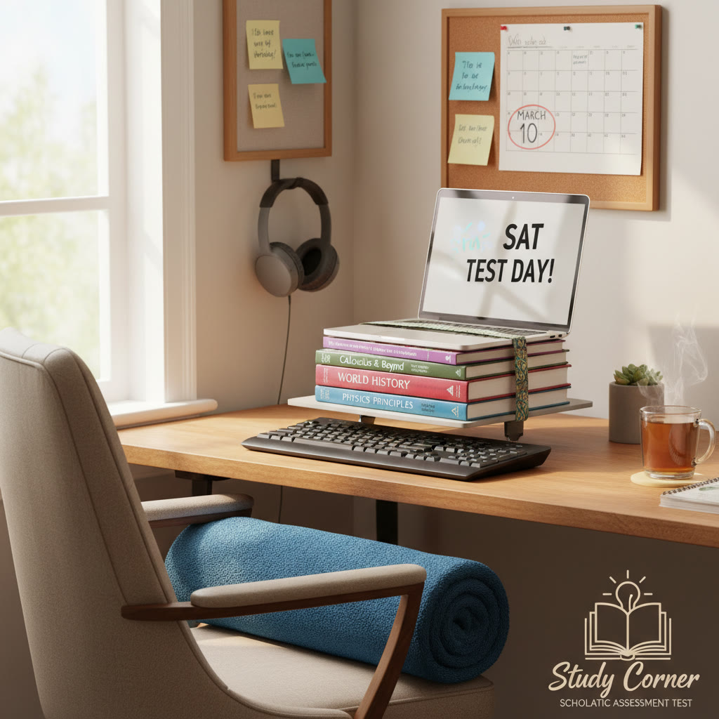 Study corner showing raised laptop on books, external keyboard, lumbar towel roll, and natural light — demonstrates an ergonomic, low-cost setup.
