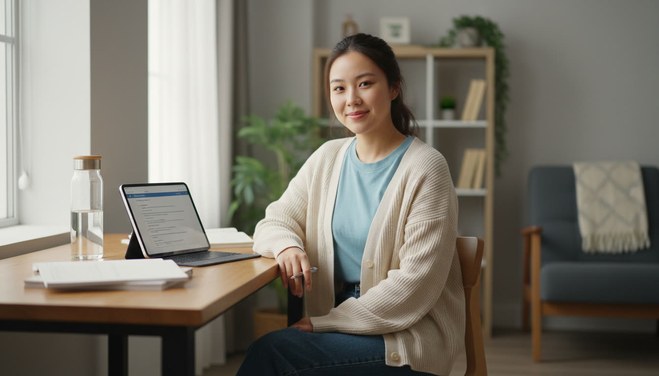 Photo Idea : A calm student sitting at a desk with a light cardigan and a water bottle, natural daylight, relaxed posture — conveys comfort and readiness for an exam.