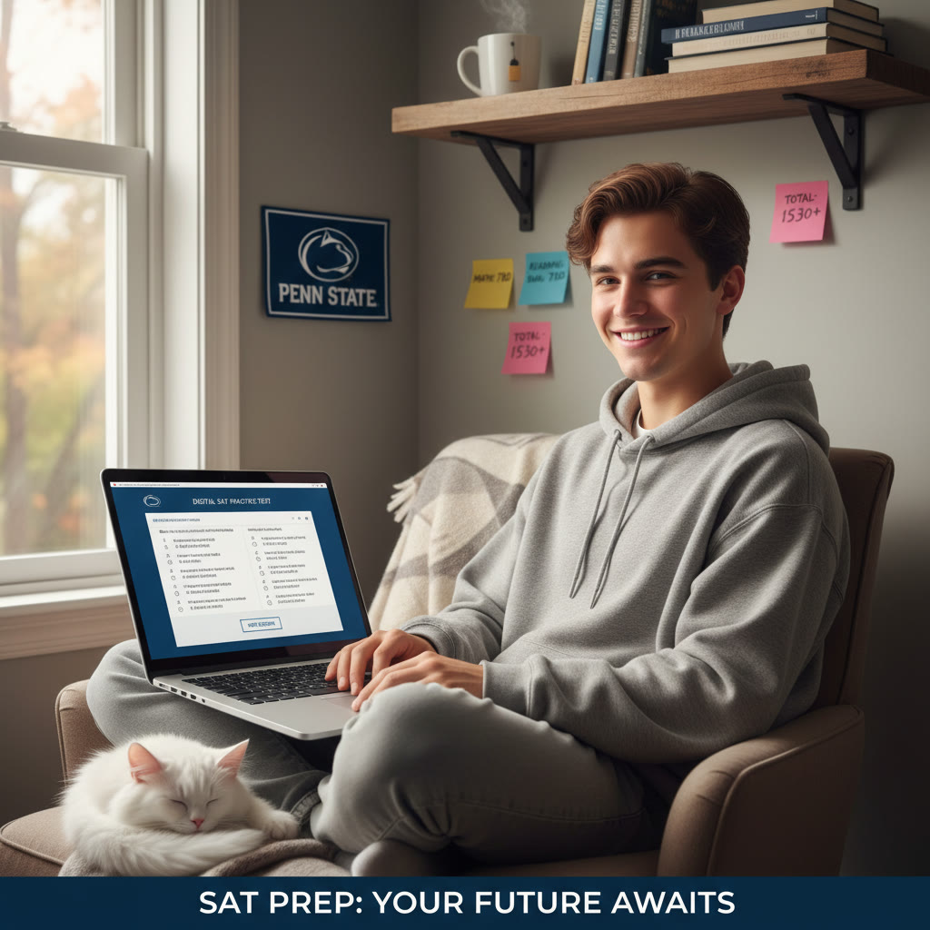 Photo Idea : A student in a cozy study nook using a laptop to take a practice Digital SAT, with sticky notes showing target scores and a small Penn State banner on the shelf — focused and calm.