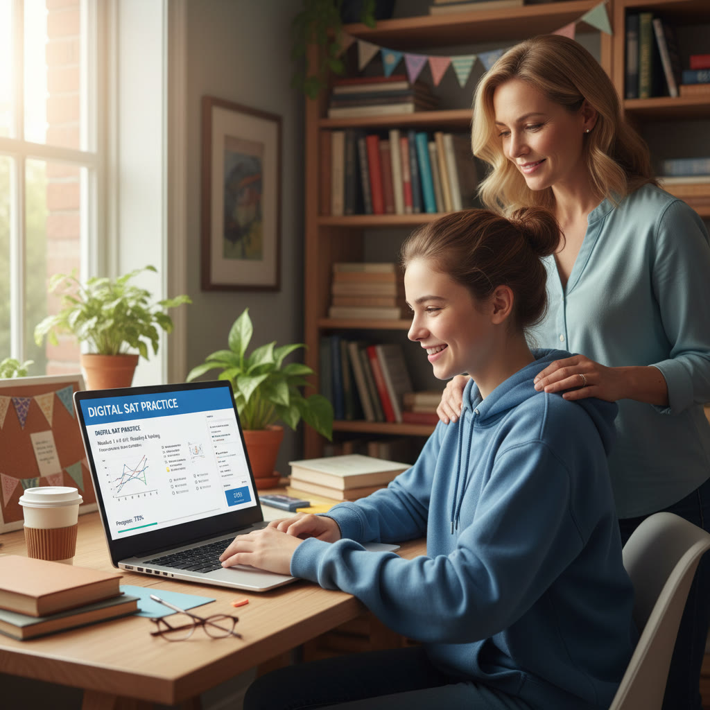 Photo Idea : A focused high-school student at a desk, laptop open with digital SAT practice on the screen, a parent looking on supportively — bright, hopeful, candid style.